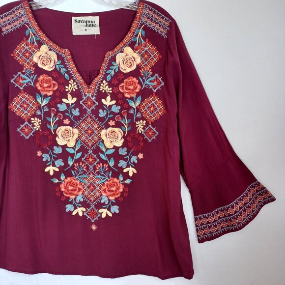 Savanna Jane Top Embroidered V Neck Boho Popover Long Sleeves Womens Medium - Picture 8 of 11